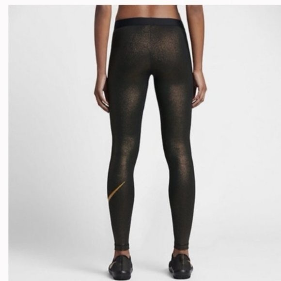 NWT Nike Pro Training Legging Black Cool Gold Metallic Sparkle - Picture 9 of 11